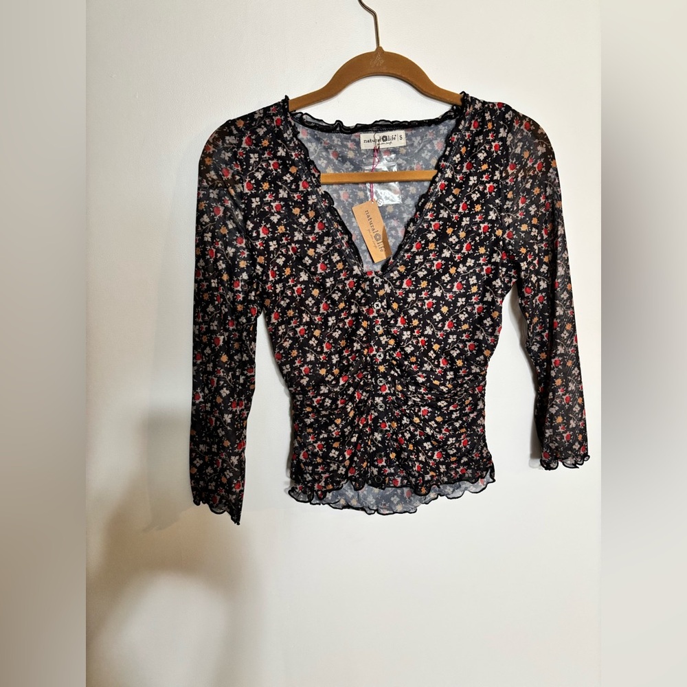 NATURAL LIFE Black Floral Sheer Button-Front Blouse